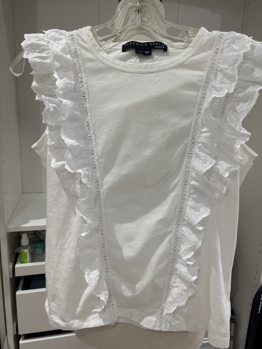 Veronica Beard White Ruffle Eyelet Shell
